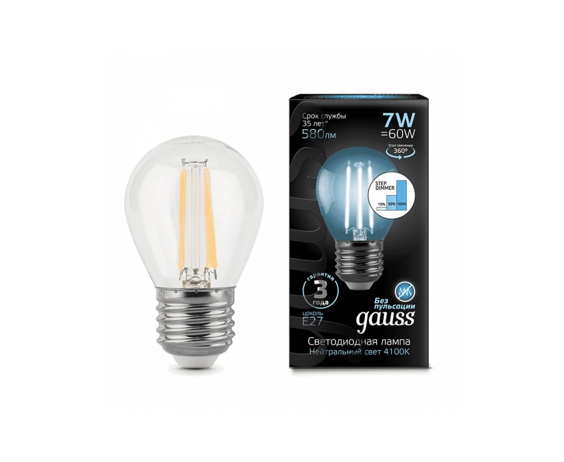 ნათურა Gauss Filament Ball 7W 580lm 4100K E27 LED კომპლექტი — ნათურა და ვაზნა